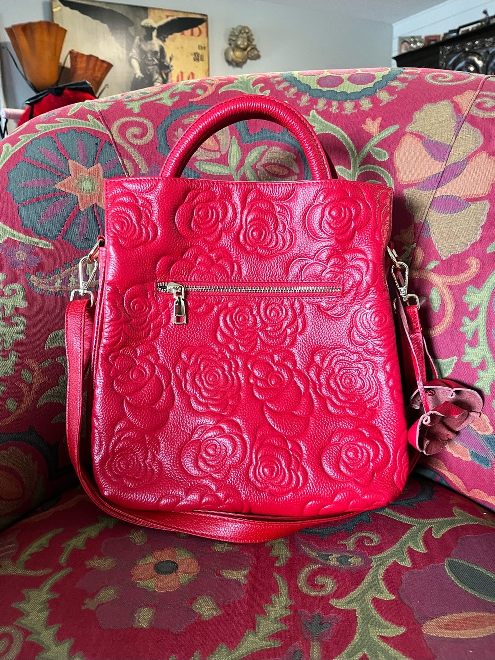Embossed Floral Red Leather Satchel with Top Handles